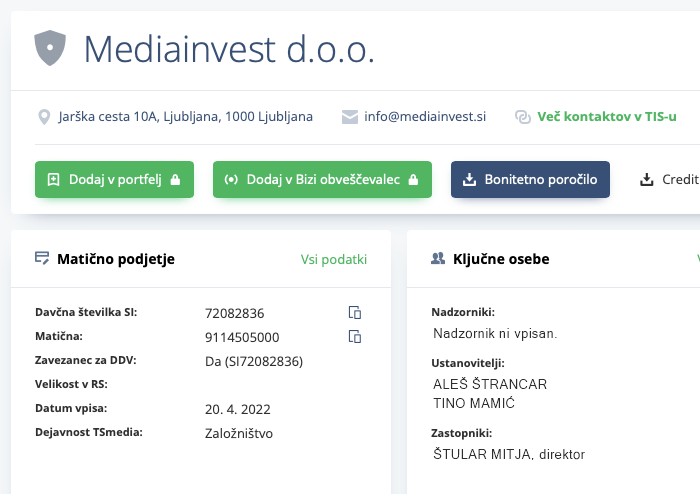 Lastnika podjetja Mediaivest sta Štrancar in Mamić, direktor pa je Štular.